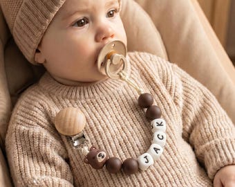 Teddy Bear Pacifier Clip, Personalized Baby Name Binky Holder, Neutral Wood Bead Paci Clip, Newborn Gift