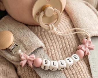 Clip para chupete con lazo coqueto, clip para chupete personalizado para niña, soporte para chupete con nombre personalizado, regalo para baby shower
