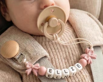 Clip para chupete personalizado con nombre para niña, soporte para chupete con lazo personalizado, regalo para la lista de regalos de la nueva mamá