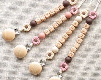 Personalized Daisy Pacifier Clip | Boho Beechwood Dummy Holder