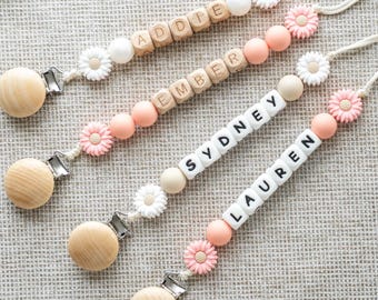 Personalized Daisy Baby Pacifier Clip | Infant Dummy Clip | Paci Clip for Newborn | Binky Holder | Baby Shower Gift