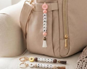 Personal Beaded Flower Keychain | Backpack Name Tag | Diaper Bag Keychain | Custom Keyring | Luggage Tag