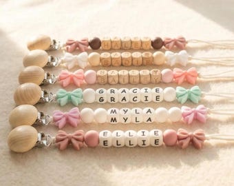 Clip para chupete de niña con lazo, cuentas personalizadas de madera o silicona con el nombre, regalo para baby shower de recién nacida.