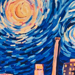 8x8 / 11x11 Starry Night In Durham Archival Print downtown Durham North Carolina skyline oil painting signed image 2