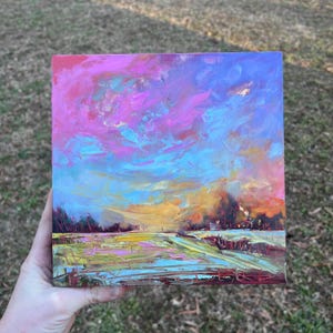 8x8 Original Oil Painting landscape marshland North Carolina colorful abstract sunset with texture contemporary square wall art