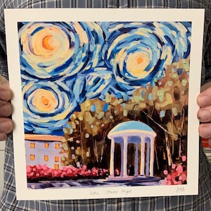 5x5, 8x8, 11x11 UNC Starry Night Archival Print Chapel Hill North Carolina UNC Well signed and titled starry night