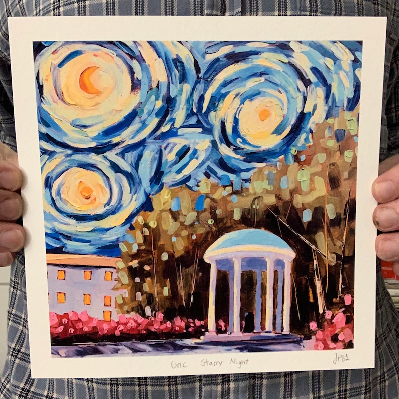 May include: A painting of a white gazebo with a blue dome, surrounded by trees and pink flowers. The sky is blue with swirling white clouds and yellow stars. The text "UNC Starry Night" is written below the image.