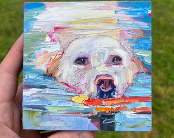 4x4 Original oil painting of a swimming dog with toy retriever lab mix reflections with texture and gold leaf North Carolina artist Leitner