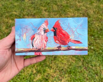 3x6 Original Oil Painting Two Cardinals  abstract impressionistic bird painting with texture and gold leaf nature art