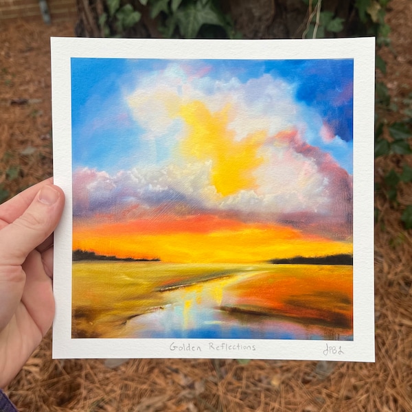 8x8 / 11x11 "Golden Reflections" Archival Print on textured watercolor paper colorful Marshland storm sunset painting North Carolina artist