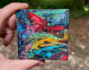 3x3 Original Wall Art Small Oil Painting Wood Panel colorful space galaxy painting