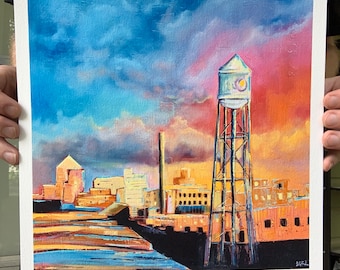 Durham watertoren zonsondergang kunstafdruk: skyline van North Carolina