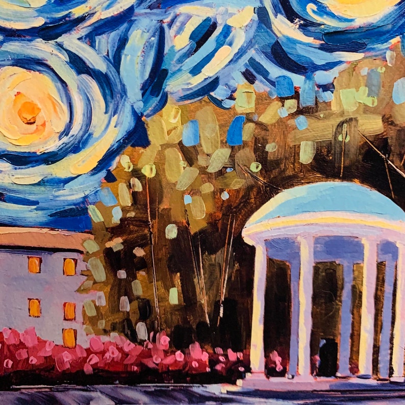 May include: A painting of a white gazebo with a blue roof, surrounded by trees and flowers. The sky is a swirling blue and yellow, reminiscent of Van Gogh's Starry Night.