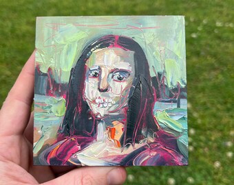 4x4 Original oil painting Mona Lisa zombie surreal study portrait square North Carolina small painting for wall or shelf