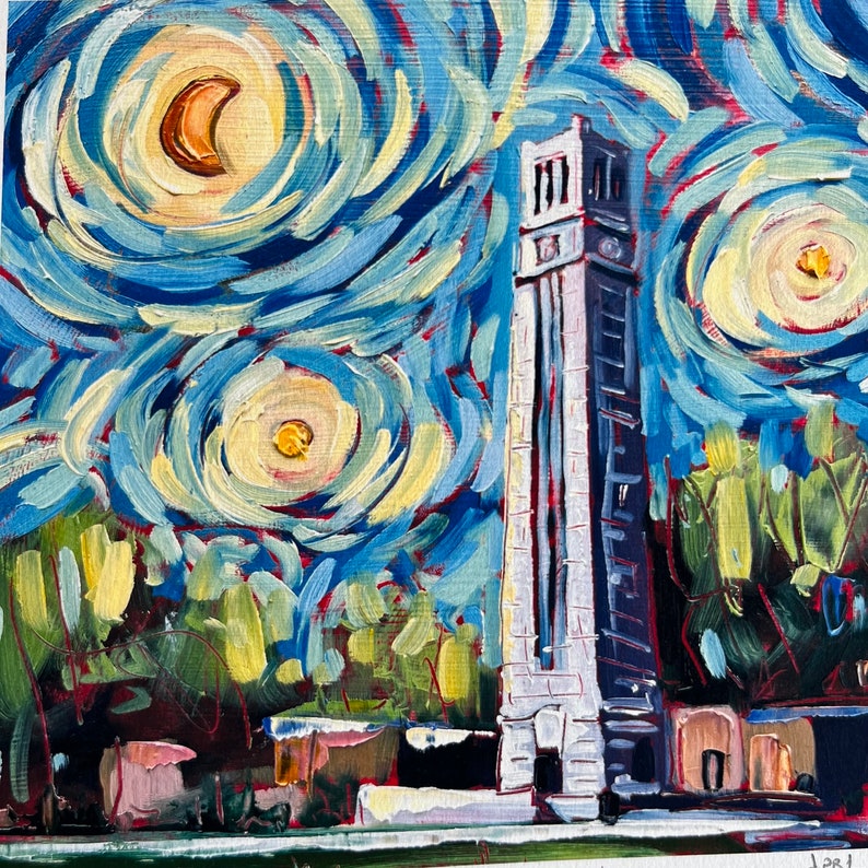 8x8, 11x11 or 5x5 NC State Starry Night Archival Print Raleigh North Carolina NC State bell tower l signed and titled nc artist painting image 2