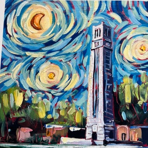 8x8, 11x11 or 5x5 NC State Starry Night Archival Print Raleigh North Carolina NC State bell tower l signed and titled nc artist painting image 3