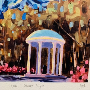 May include: A painting of a white, columned gazebo with a blue dome, surrounded by trees and pink flowers. The text "UNC Starry Night" is written below the image.