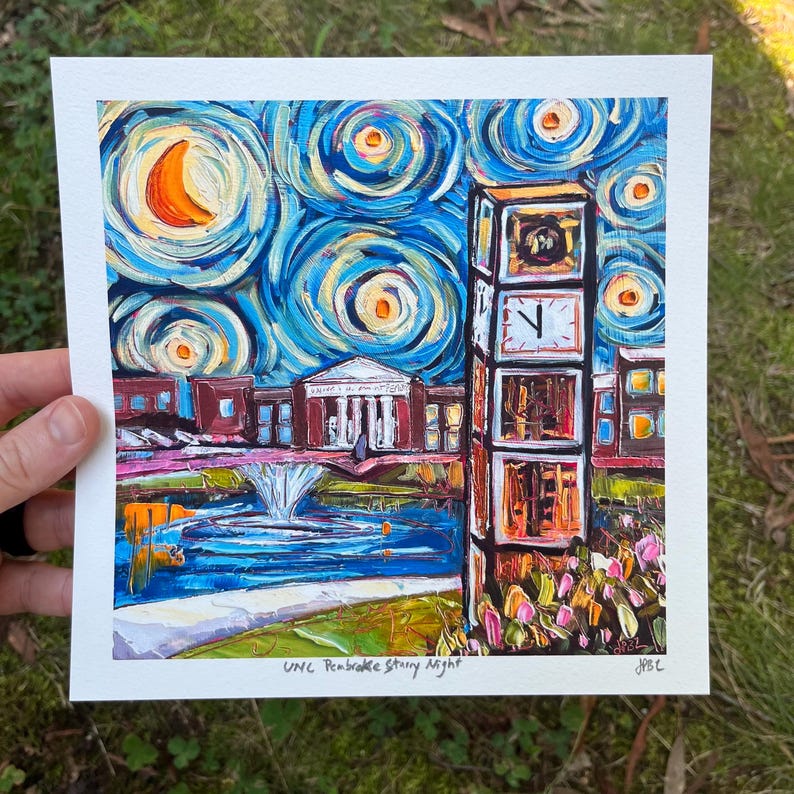May include: An oil painting of a university campus at night, featuring a clock tower and buildings under a swirling, starry sky. The artwork uses vibrant blues, oranges, and yellows, with visible brushstrokes. The painting is signed in the lower right corner.