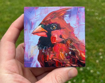 3x3 original Cardinal oil painting on birch wood with gold leaf purple with texture miniature square painting on wood for wall or shelf