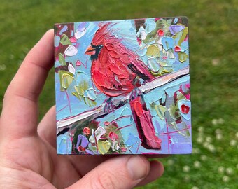 3x3 original Cardinal oil painting on birch wood with gold leaf miniature bird painting with dogwood flowers for wall or shelf gift idea