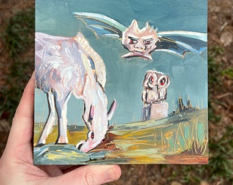 6x6 Original Oil Painting weird owl bat and horse William Blake study Enitharmon’s Joy surreal creepy art