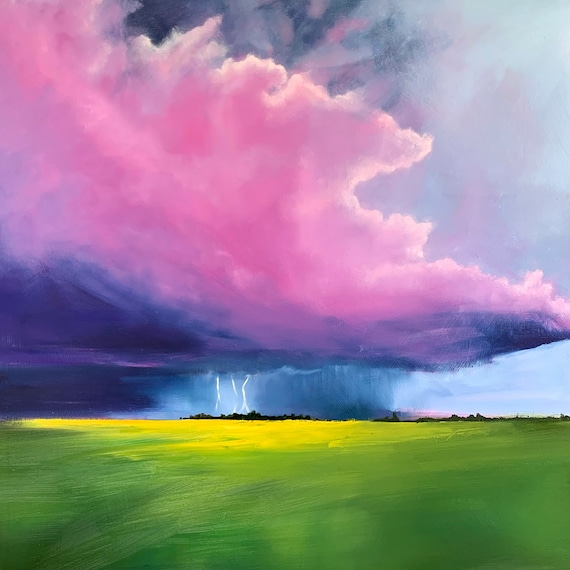 Pink Cloud Landscape  Reprint on Stretched Canvas or Watercolor Paper