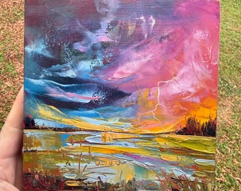 6 x 6 abstract landschap origineel olieverfschilderij op houten paneel - olie- en bladgoud onweerswolk rode en blauwe lucht getextureerd schilderij