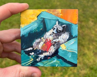 3x3 Abstract pizza raccoon trash panda Original Oil Painting on wood panel - North Carolina Artist Abstract textured square painting