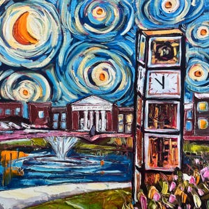 May include: Impasto-style painting of a clock tower, buildings, and a fountain under a swirling night sky. The clock tower shows the time as 7 o'clock. The artwork features vibrant blues, yellows, and oranges, with visible brushstrokes.