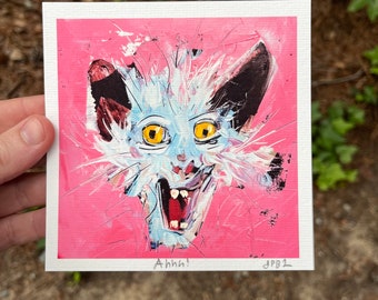 5x5 “Ahhh!” art giclee watercolor Print colorful strange art folk art home decor wall art weird funny print possum / rat / cat screaming