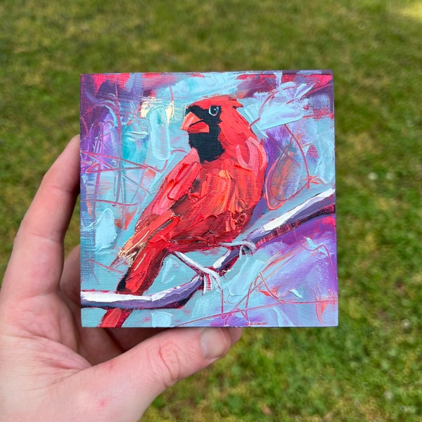 4x4 Original Oil Painting Of Cardinal blue and purple  - abstract bird, cute bird painting square with gold leaf accents North Carolina art