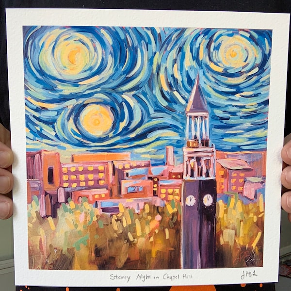 8x8 Starry Night In Chapel Hill Archival Print downtown UNC Clocktower skyline oil painting signed home decor print