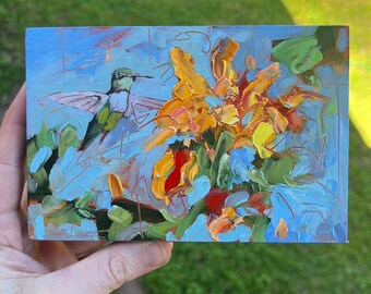 4x6 Original Oil Painting humming bird flying with flowers abstract colorful North Carolina art pollinator floral spring mini wall art