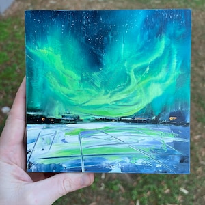 6x6 northern lights painting original oil painting on wood square expressive textured colorful aurora borealis decor North Carolina art