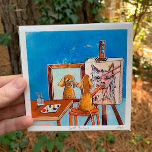 5x5 autoportret psa giclee akwarela wydruk kolorowy dziwny zabawny pies malarstwo dekoracja ścienna do domu