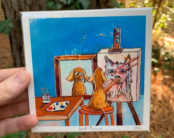 Dog Self-Portrait Print: Funny Colorful Watercolor Giclee Wall Art 5x5, 8x8, 11x11 square funny wall art