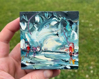 3x3 Original small Oil Painting on wood - abstract North Carolina Landscape storm ocean with boats nc William Turner study
