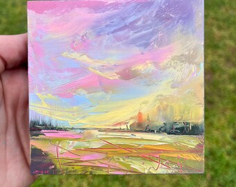 4x4 Original Oil Painting Abstract landscape  Painting sky with field with gold leaf North Carolina artist home decor wall art