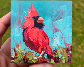 3x3 original Cardinal bird oil painting on  wood with gold leaf North Carolina decor gift idea small mini home decor colorful shelf