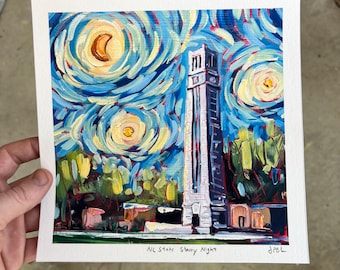 8x8, 11x11 or 5x5 NC State Starry Night Archival Print Raleigh North Carolina NC State bell tower l signed and titled nc artist painting
