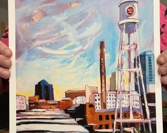 11x11 or 8x8  Overcast Durham water tower Lucky Strike cityscape Archival Print downtown Durham North Carolina skyline oil painting signed