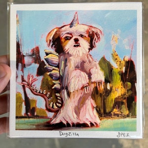 5x5 dogzilla godzilla pies giclee akwarela wydruk kolorowy dziwny zabawny pies malarstwo dekoracja domu wydruk ścienny