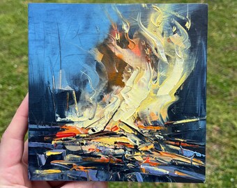 6x6 Campfire Original Oil painting on wood panel - acrylic and gold leaf magic forest nighttime textured painting