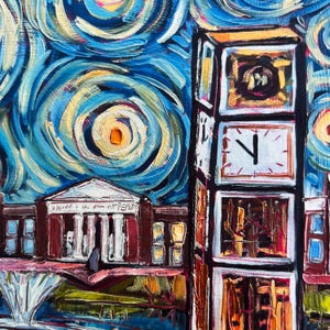 May include: An impressionistic painting of a clock tower and a building with columns under a swirling night sky. The clock tower has three clock faces, one showing the time as 7 o'clock. The sky is a mix of blues, yellows, and oranges.