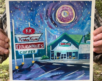 5x5, 8x8 & 11x11 Starry Doughnut Krispy Kreme In downtown Raleigh Archival Print downtown Raleigh North Carolina skyline oil painting signed