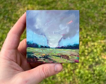 3x3 Original Wall Art Small Painting on Wood Panel made with Oil Paint - twister tornado art storm painting Texture