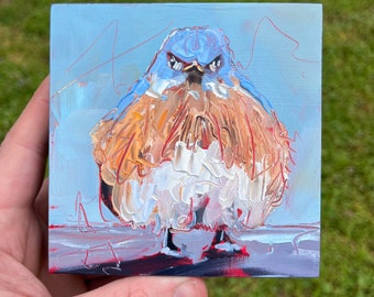 4x4 Original Oil Painting Of Blue Bird - abstract bird, cute bird painting square with gold leaf accents