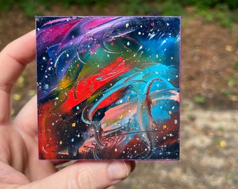 3x3 Original Wall Art Small Oil Painting Wood Panel colorful space galaxy painting
