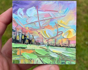 3x3 Original mini oil painting abstract landscape peach purple and green sunset textured expressive art on wood North Carolina artist