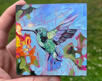 3x3 original Hummingbird oil painting on birch wood with gold leaf